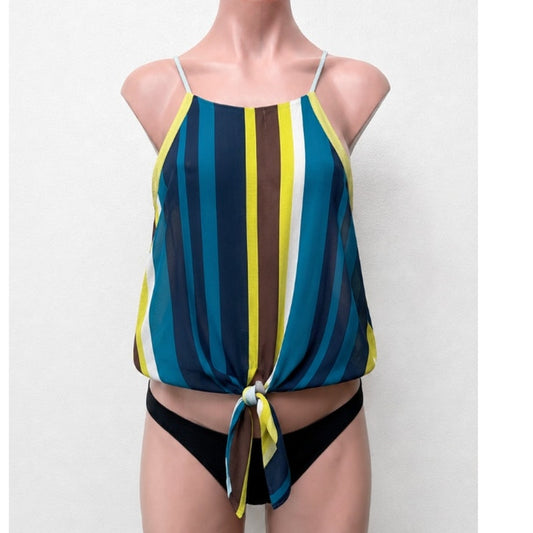 Sunday In Brooklyn Teal Blue & Yellow Black Multi Stripe Front Tie Blouse XS