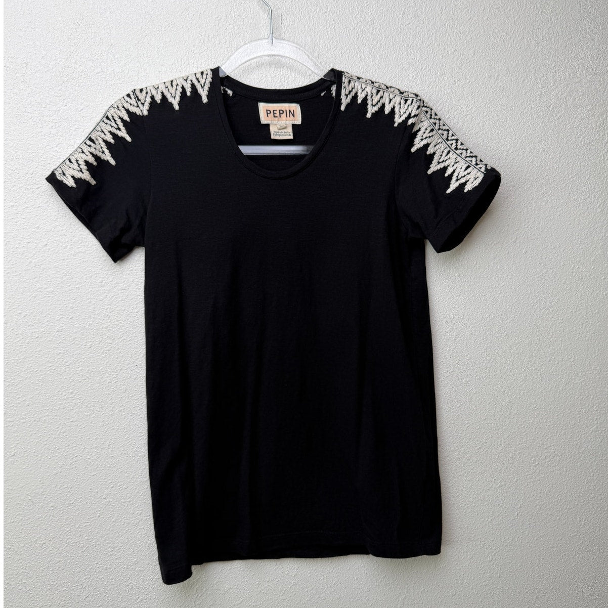 Pepin Black Short Sleeve Shirt with Embroidered Shoulders – XS