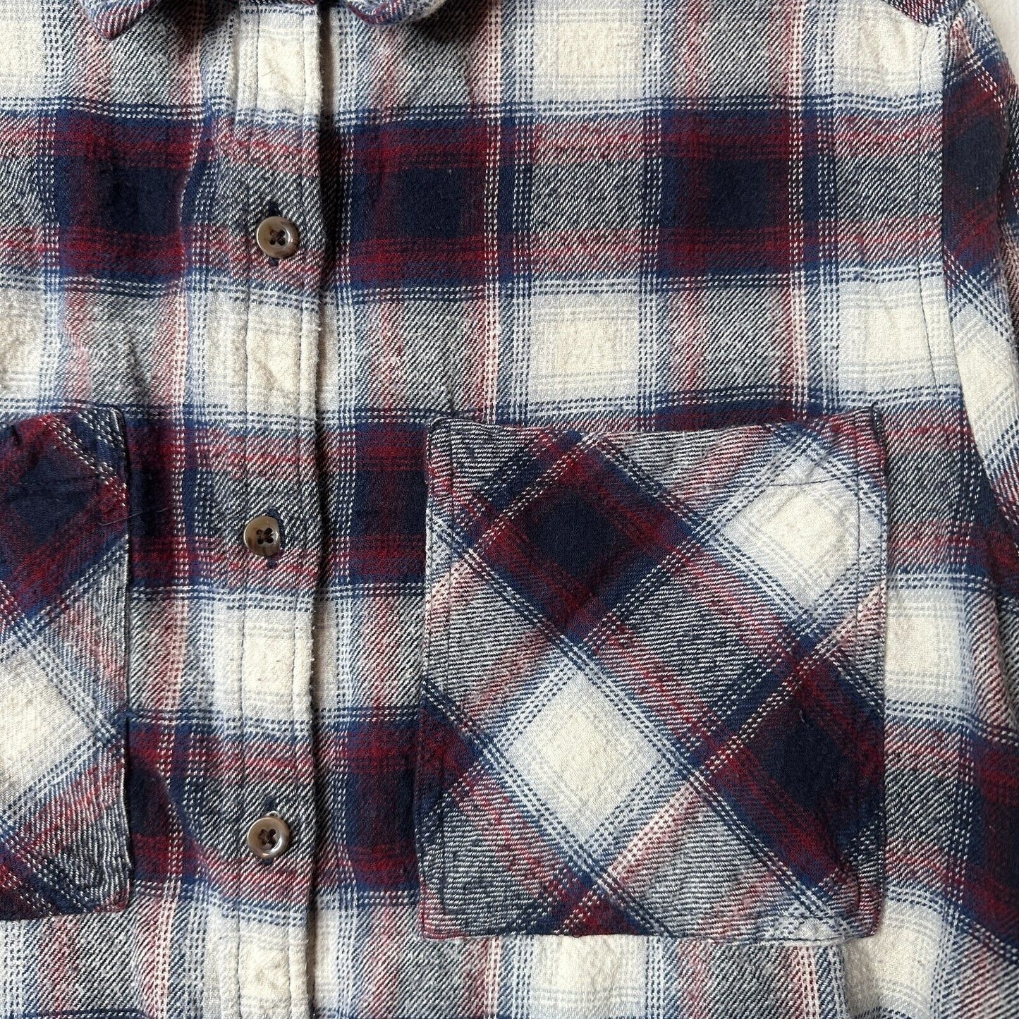 Black Red Blue White Plaid Cropped Long Sleeve Flannel Button Down Shirt M