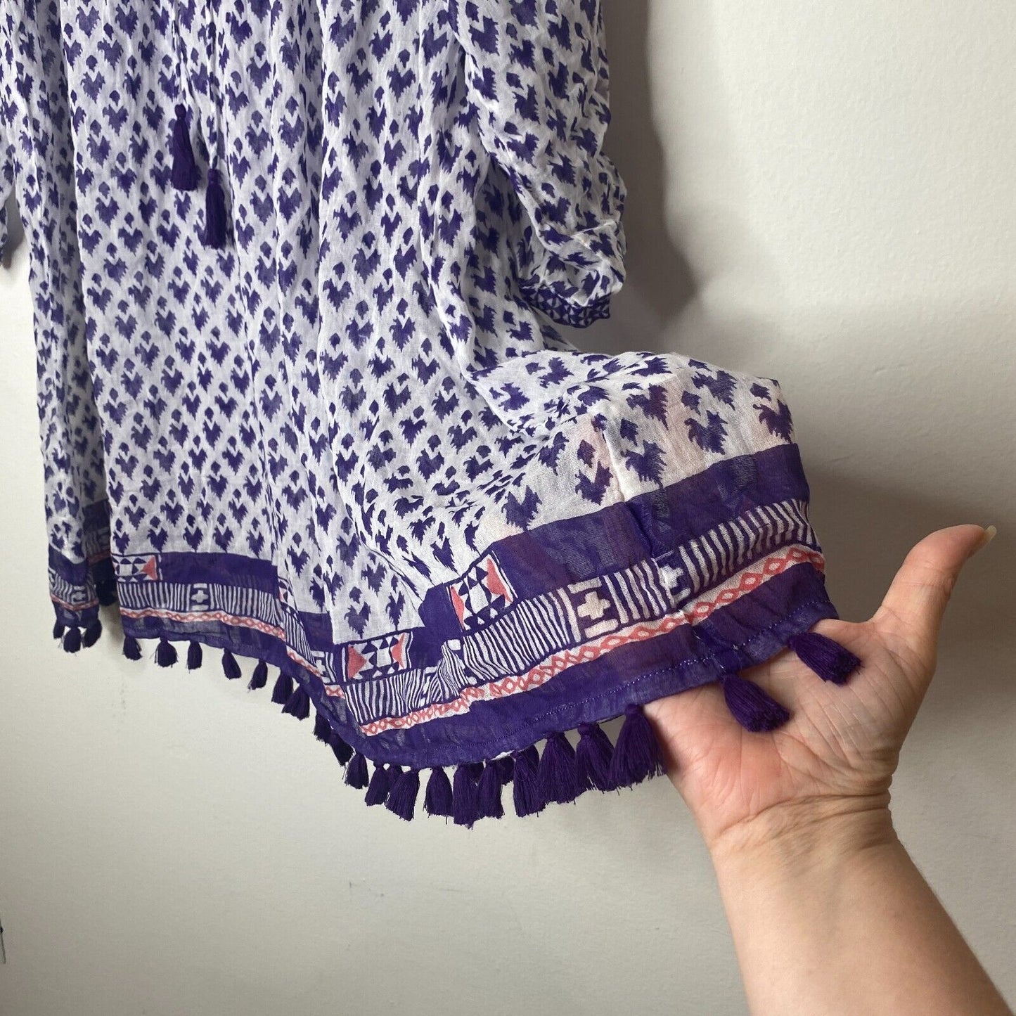 Roberta Roller Rabbit White Purple Sheer Serafina Pom Pom Tunic Top Tie Tassels