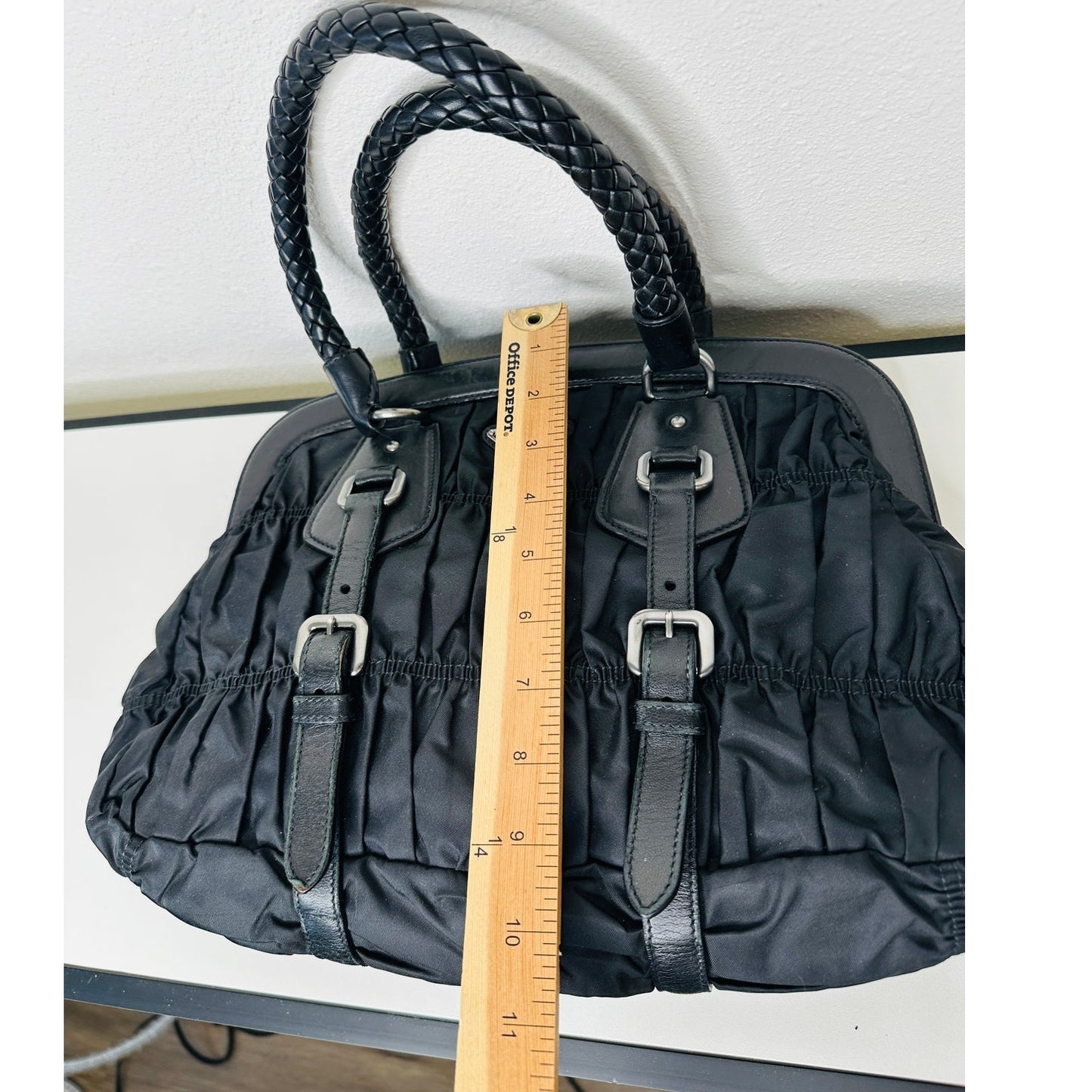 Prada Vintage 90s Black Nylon & Leather Buckle Braided Handle Purse