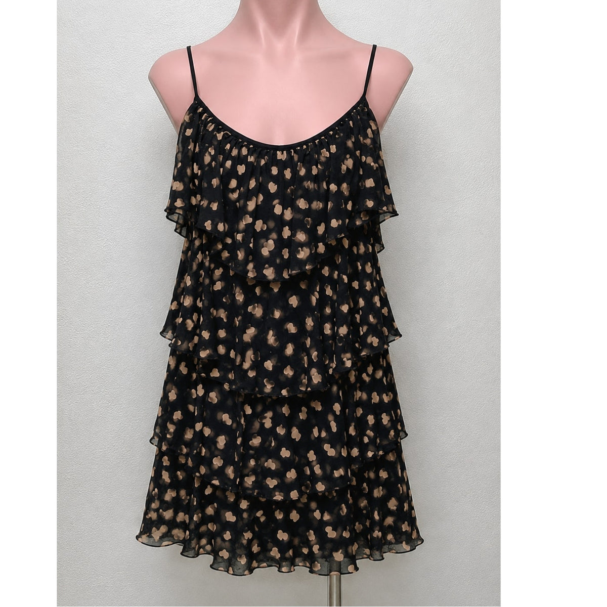 Carina Duek Black Peach Polka Dot Heart Vneck Tiered Ruffle Mini 40 / S
