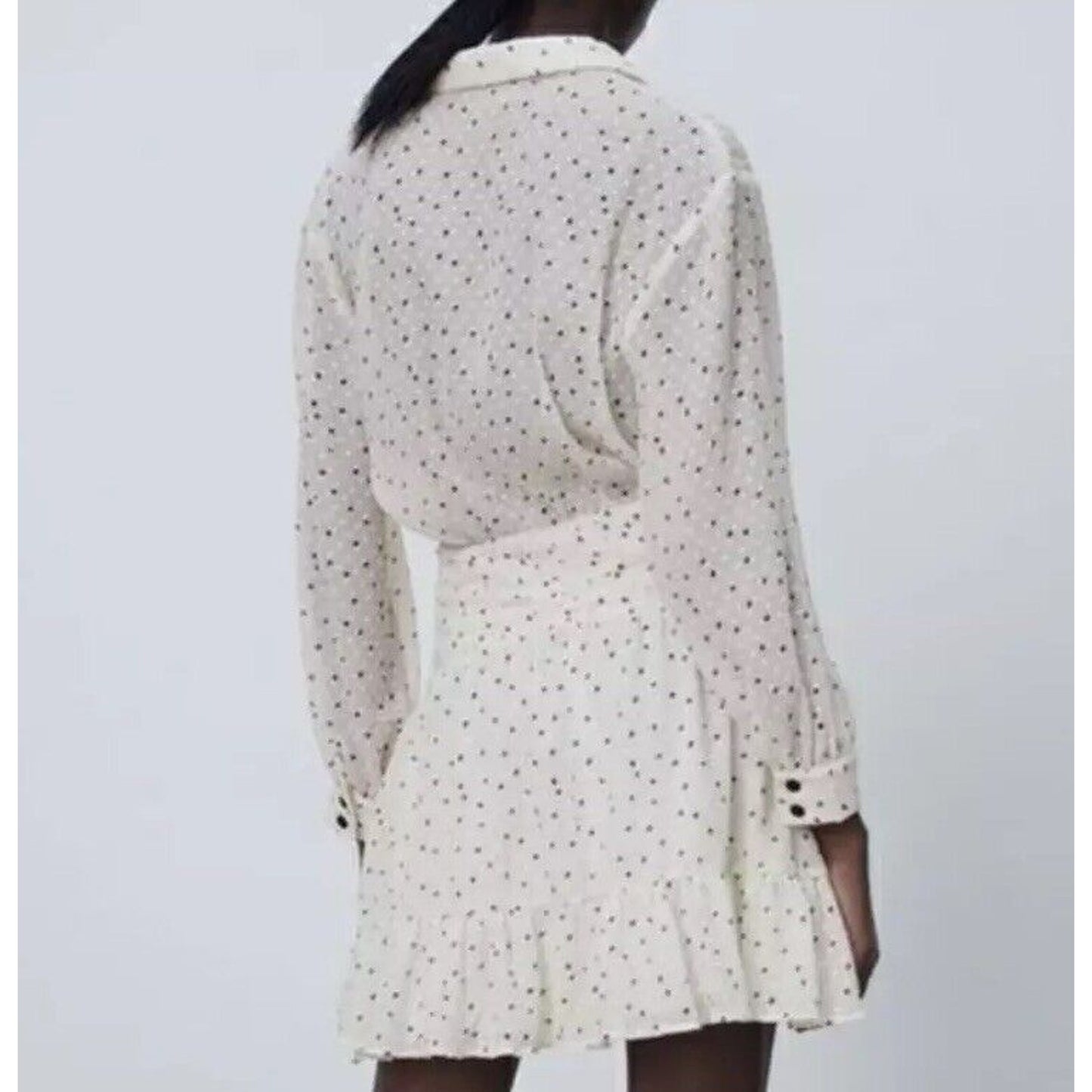 Zara Cream Black Dotted Swiss Long Sleeve 1/2 Button Collared Ruffle Hem Dress