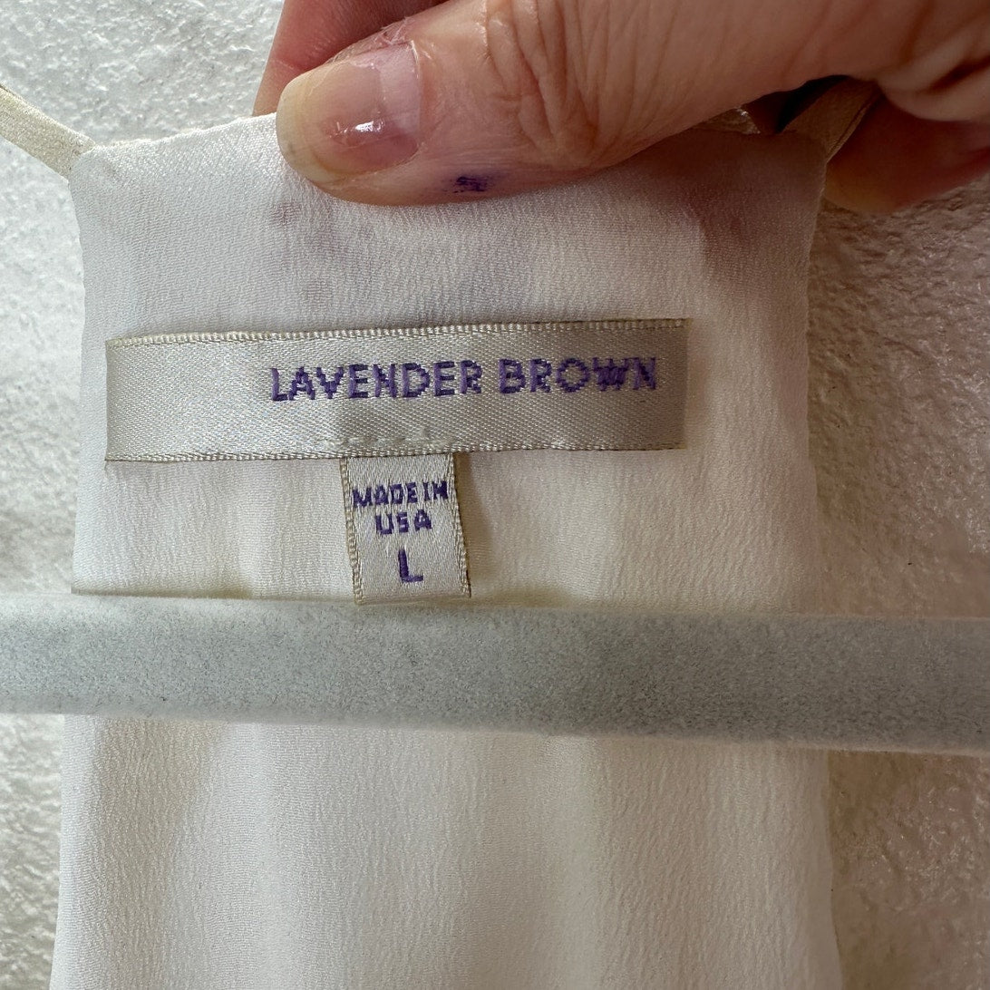 Lavender Brown Cream Willow Ruffle Embroidered Tulip Midi Dress L