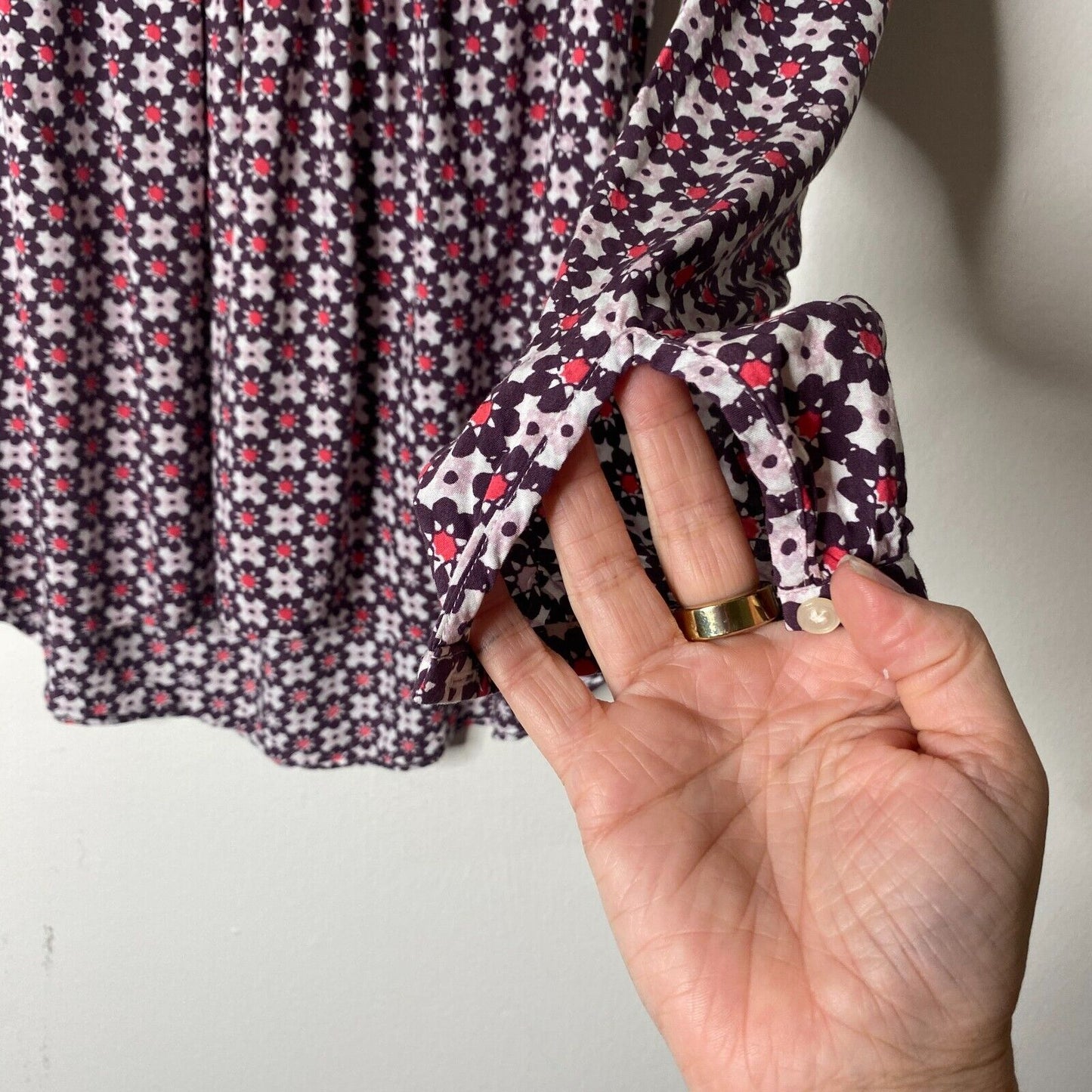 Ann Taylor Loft Purple Pink & White Flowy Blouse Long Sleeve Shirred Yoke XXSP