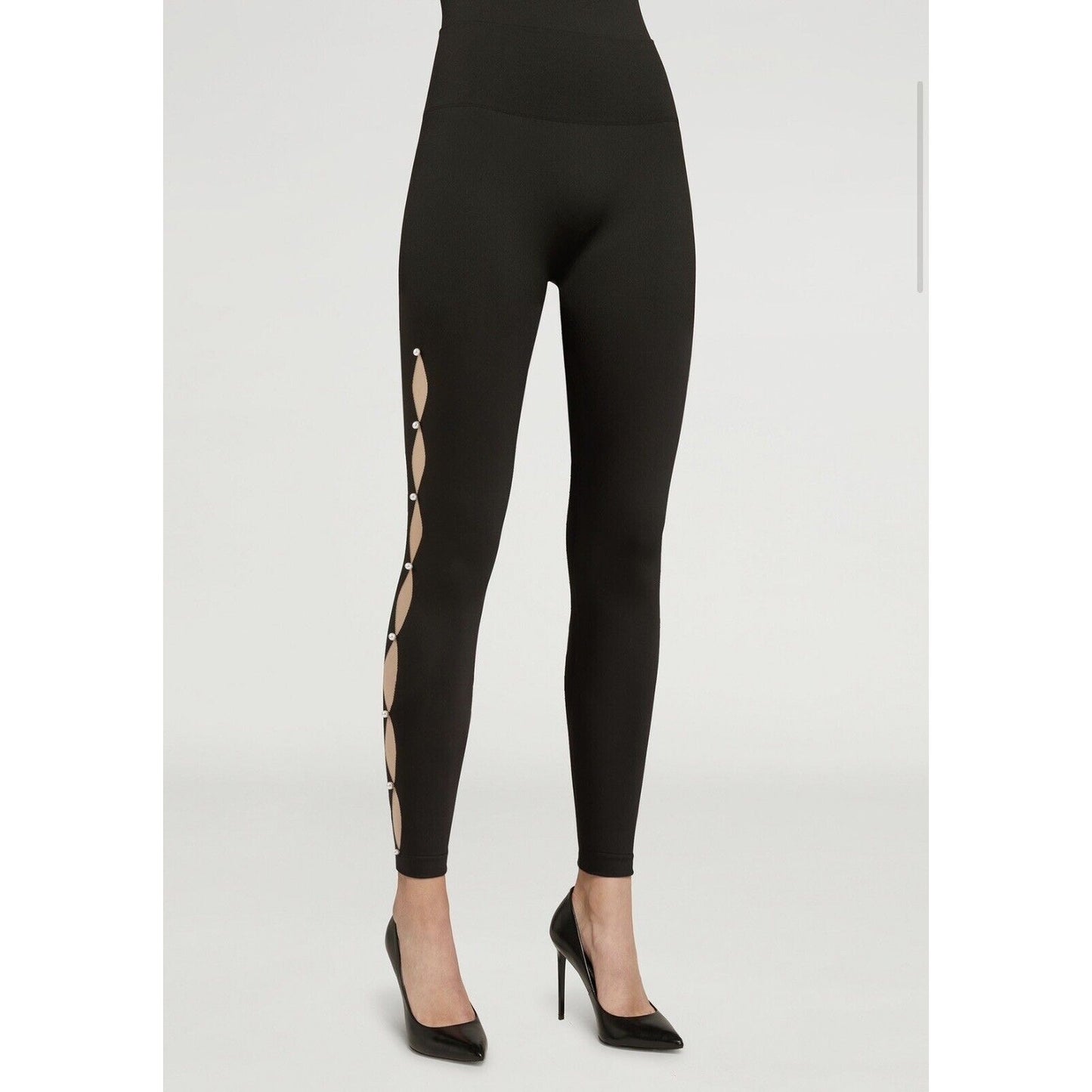 Wolford Sexy Black Linda Leggings Open Side Slit Tan & Pearl Embellishment Small