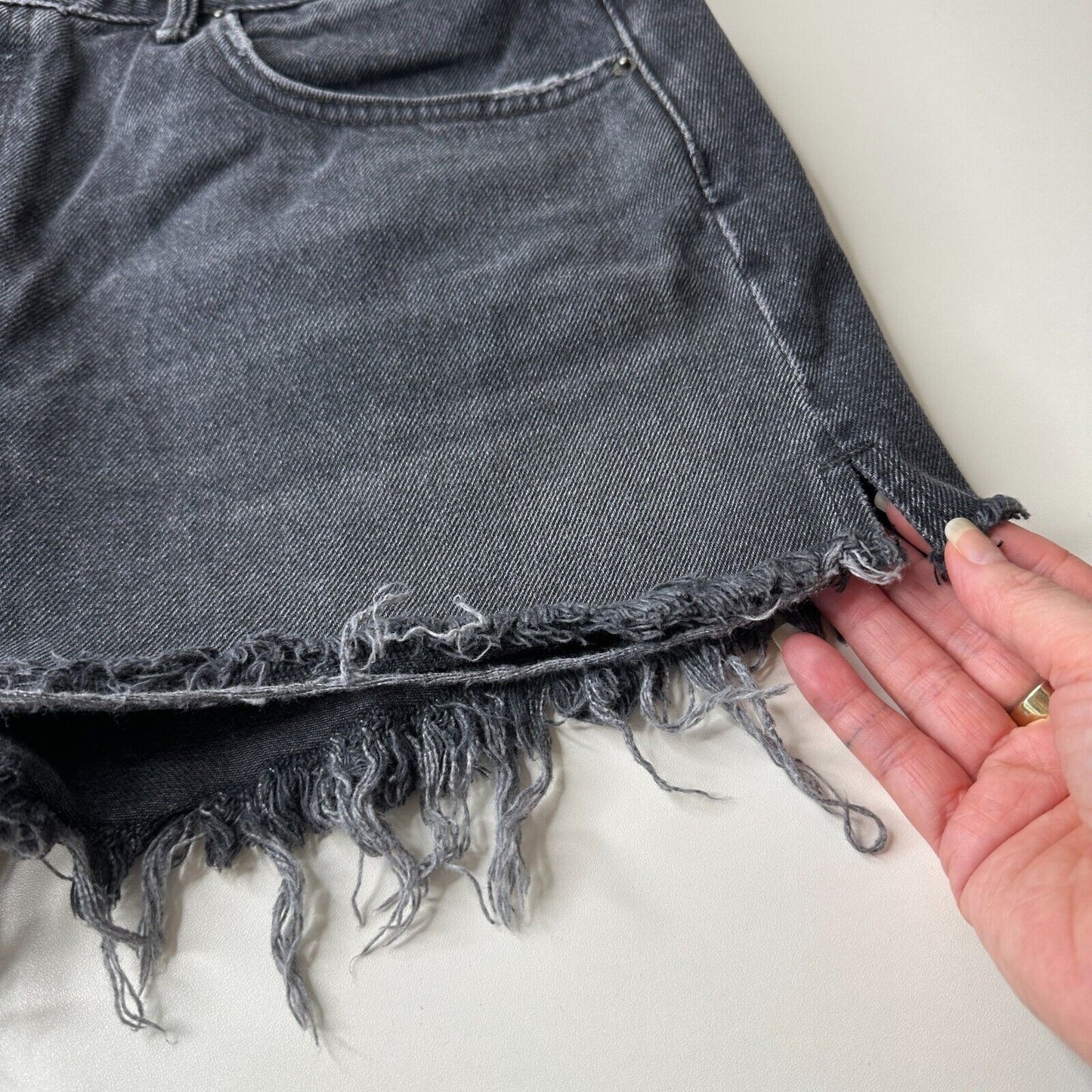 GRLFRND Cindy Hidden Button Fly High Rise Gray Cut-Off Jean Shorts Raw Hem 32