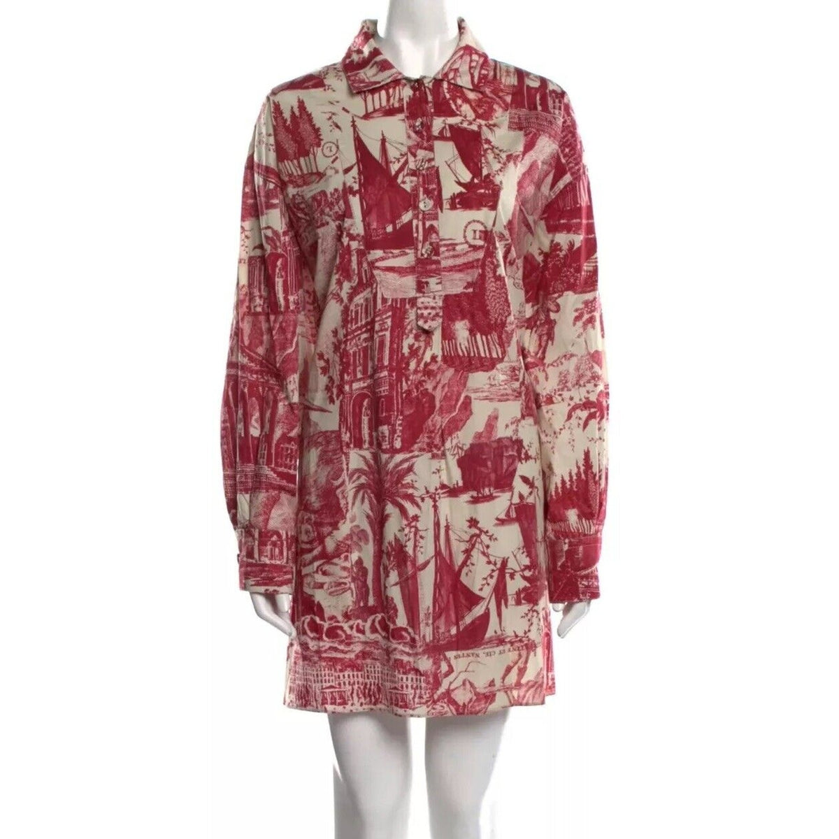 Libertine Red & Cream Toile De Nantes Print Half-Button Long Sleeve Tunic L / XL