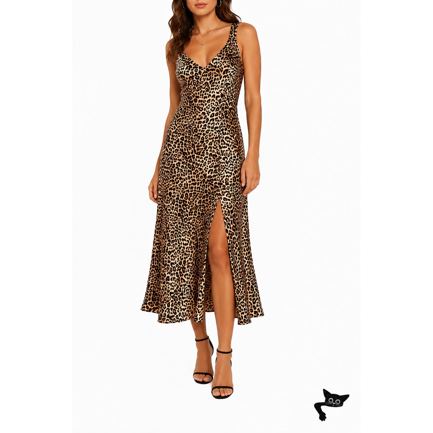 Dance & Marvel Tan Black Satin Cheetah Print V-Neck Front Slit Midi Dress L