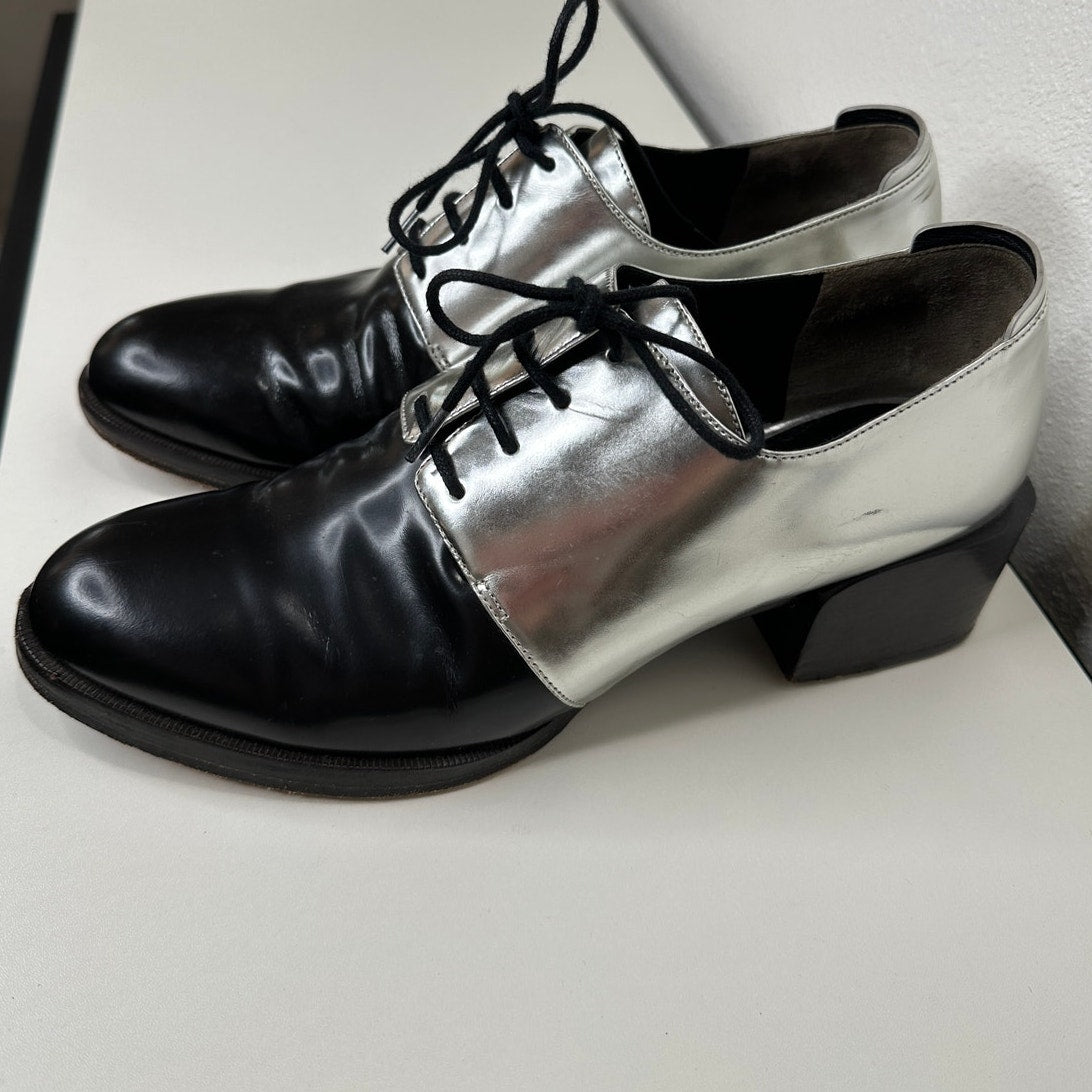 3.1 Phillip Lim Jillian Metallic Silver Shiny Black Oxford Tie Shoe 38 / 7.5