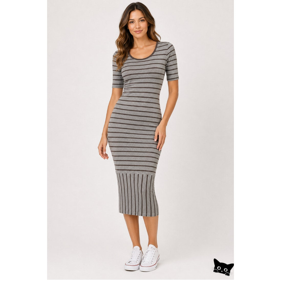 Julia Midi Gray-Stripe Short Sleeve Pullover Stretch Bodycon Dress XXS