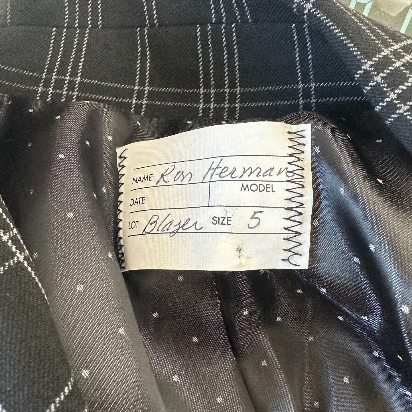 Ron Herman Black & White Stripe Plaid 3 Button Blazer Satin Dot Lining 5