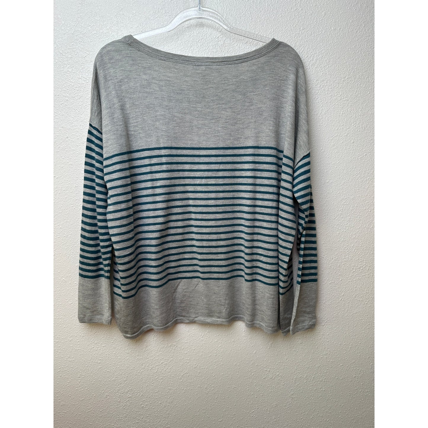 Joie Gray&Teal Striped Lightweight Sweater Top 3/4 Sleeve Boxy L