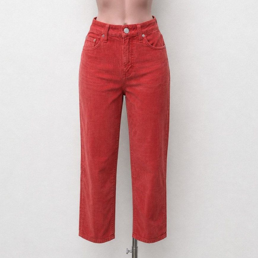 AMO The Chloe Rust Red Corduroy Straight Leg Crop Pant Trousers Washed Red 26