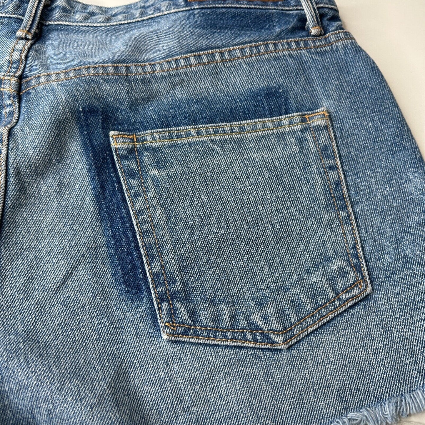 GRLFRND Cindy Button Fly High Rise Medium Blue Wash CutOff Jean Short Raw Hem 32