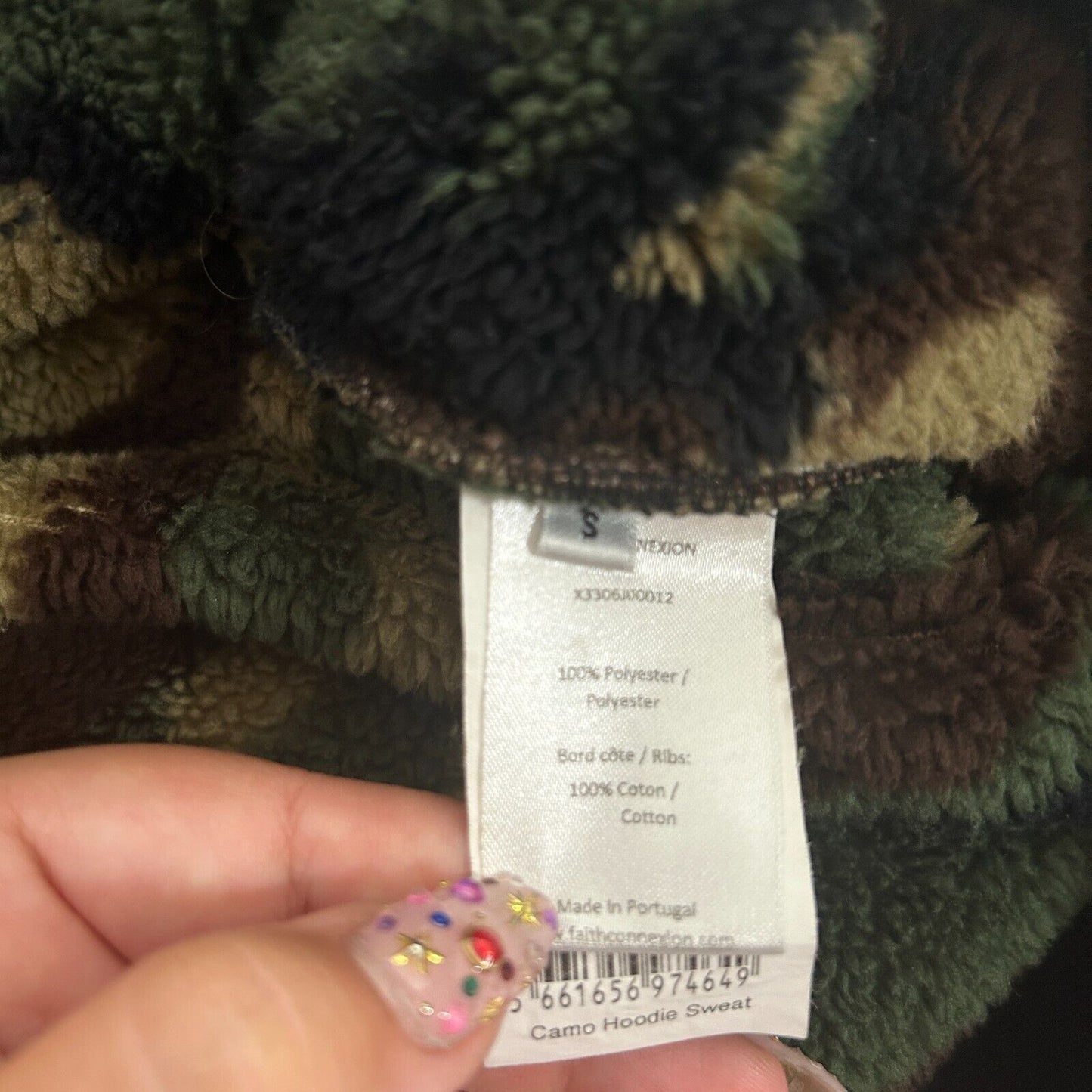 Faith Connexion Camo Sherpa Zip Hoodie Jacket Split Kangaroo Pocket Lace Side SM