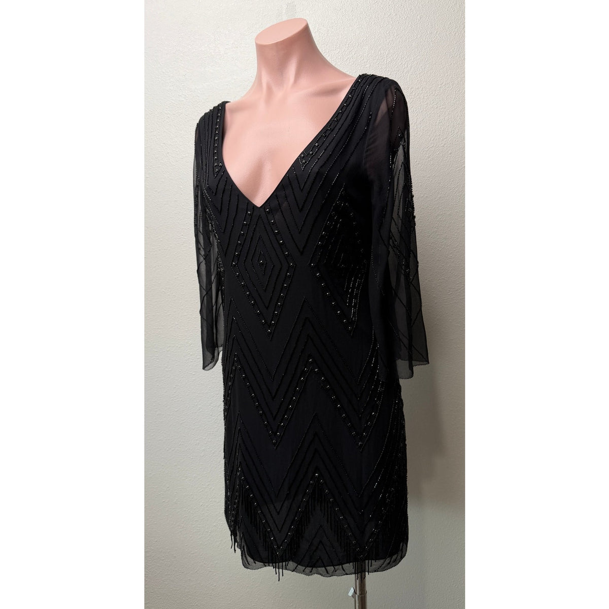 Alice + Olivia Black Beaded V Neck Mini Dress Women US 4