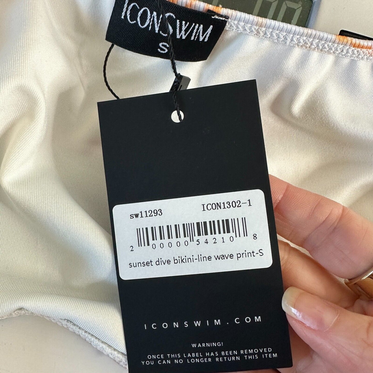 NWT Icon Swim White Blue Orange Sunset Dive Wave Print Twist Front Crop Top Small