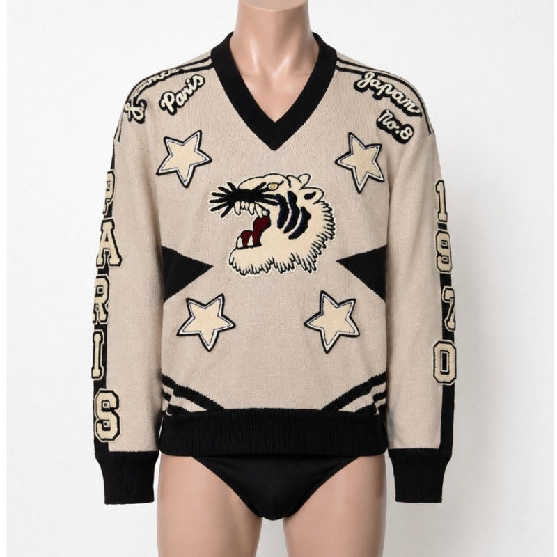 KENZO Paris Tiger Graphic V-Neck Sweater Off White Navy Size M