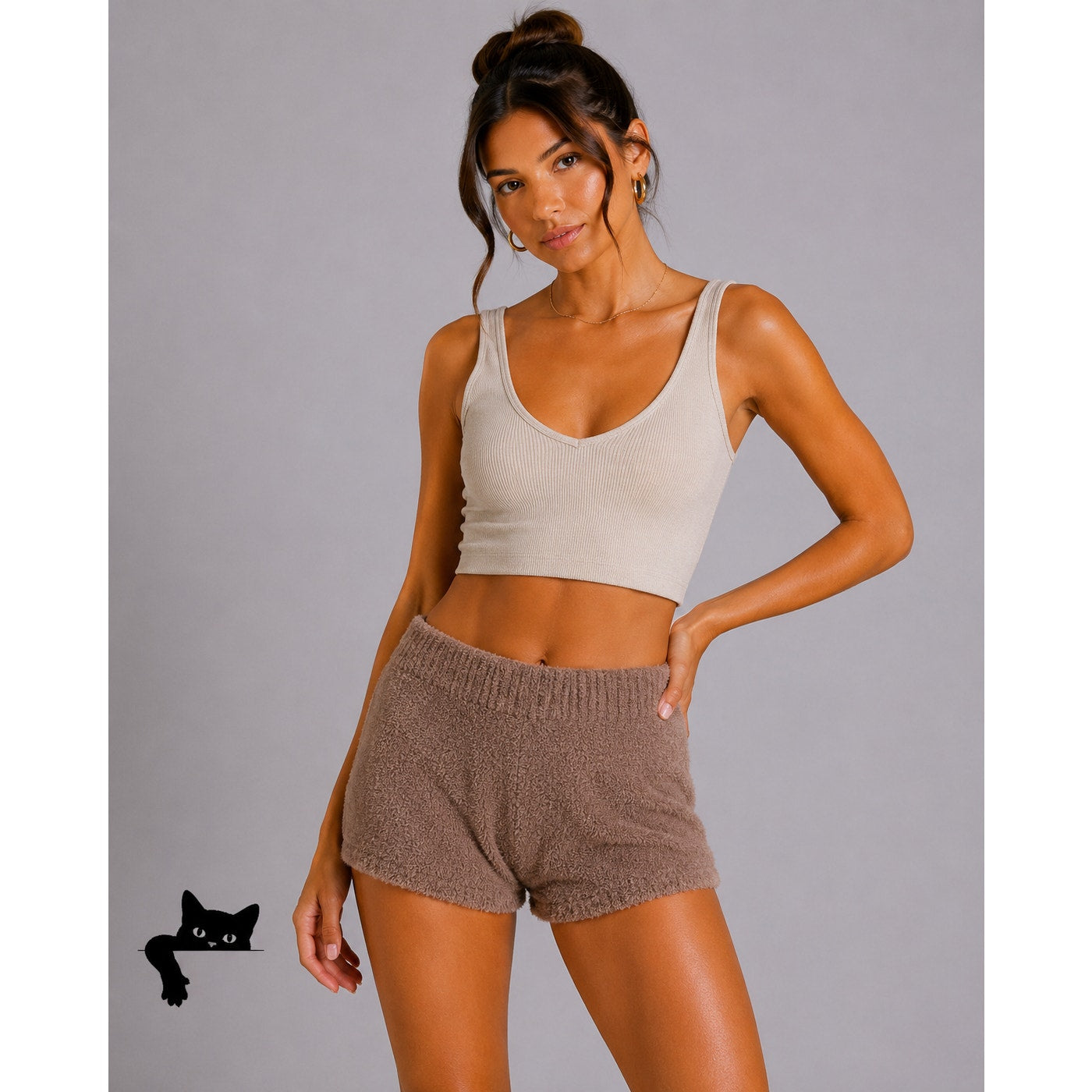 Salty Chic Brown High Waist Fuzzy Terry Cloth Stretch Short Shorts Small