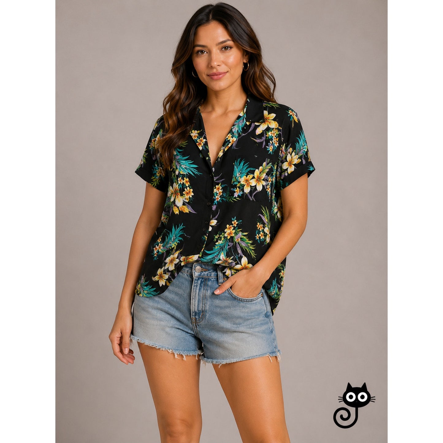 Lovestitch Black Teal Yellow Multi Color Short Sleeve Collared Button Hawaiian Shirt L