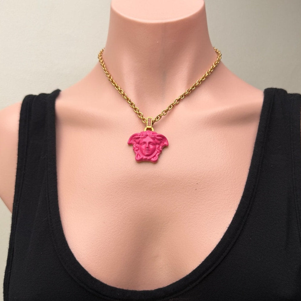 Versace Medusa Pink Resin Gold Tone Pendant Necklace