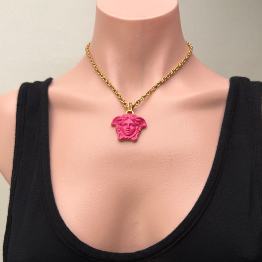 Versace Medusa Pink Resin Gold Tone Pendant Necklace