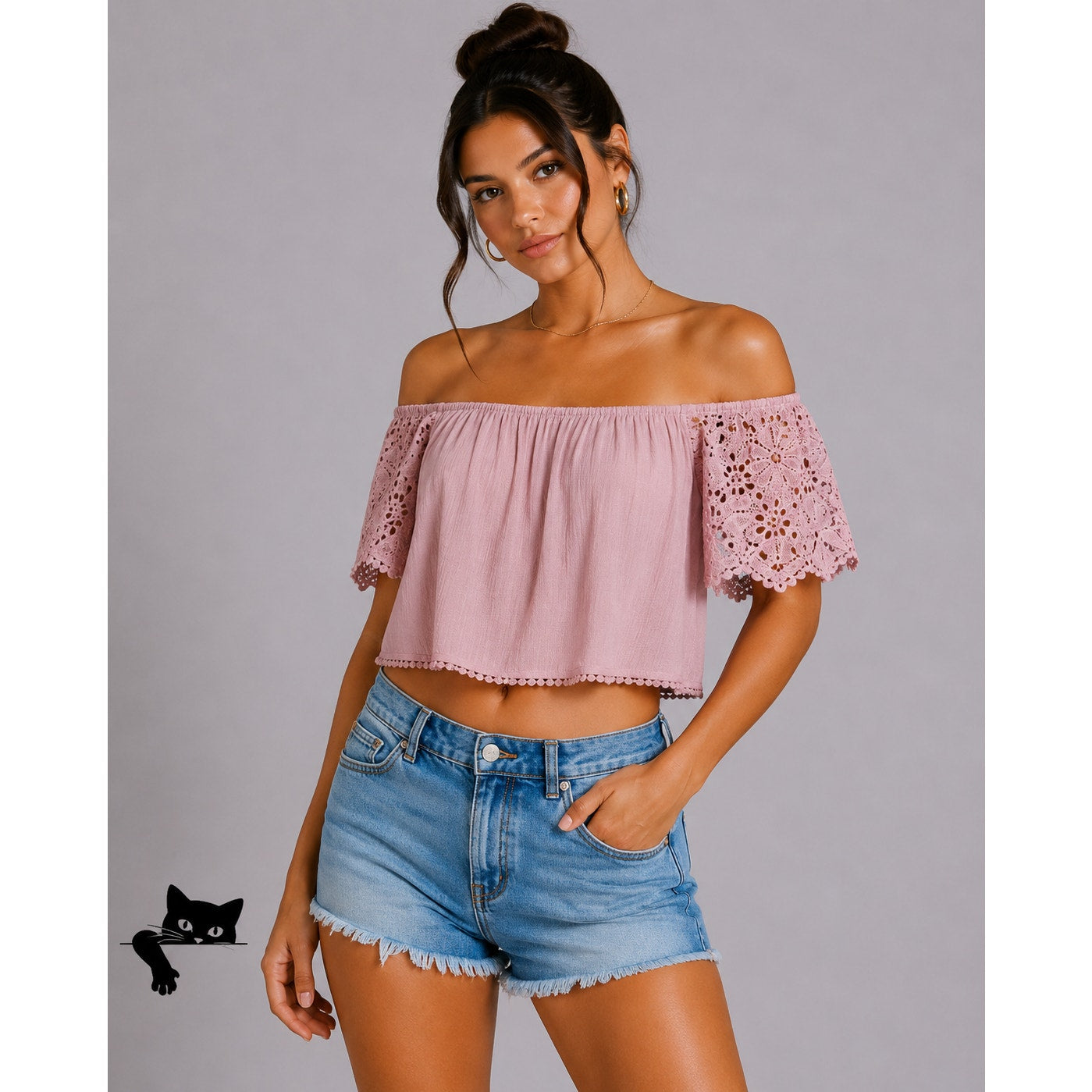 Charlotte Russe Dusty Pink Off Shoulder Eyelet Short Sleeve CropTop Blouse Small