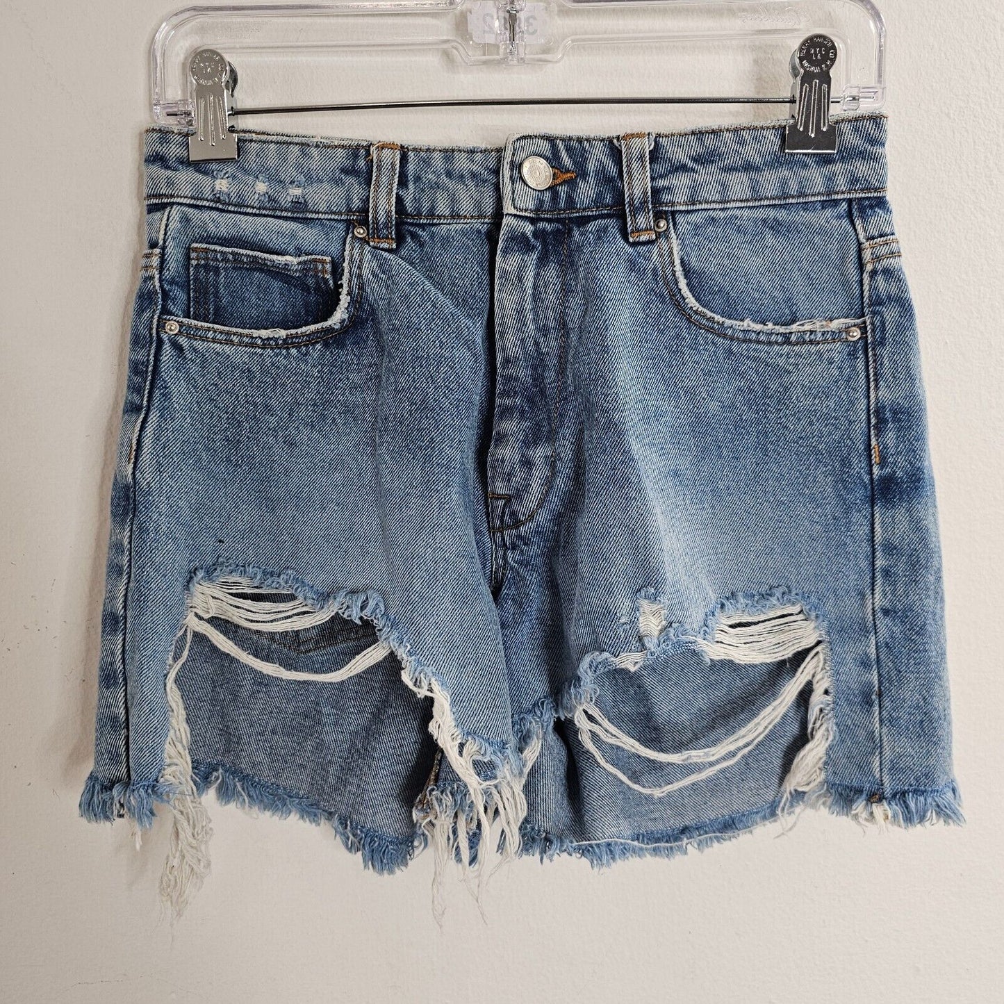Zara High Waist Medium Wash Extreme Distressing Raw Hem Denim Jean Shorts 4