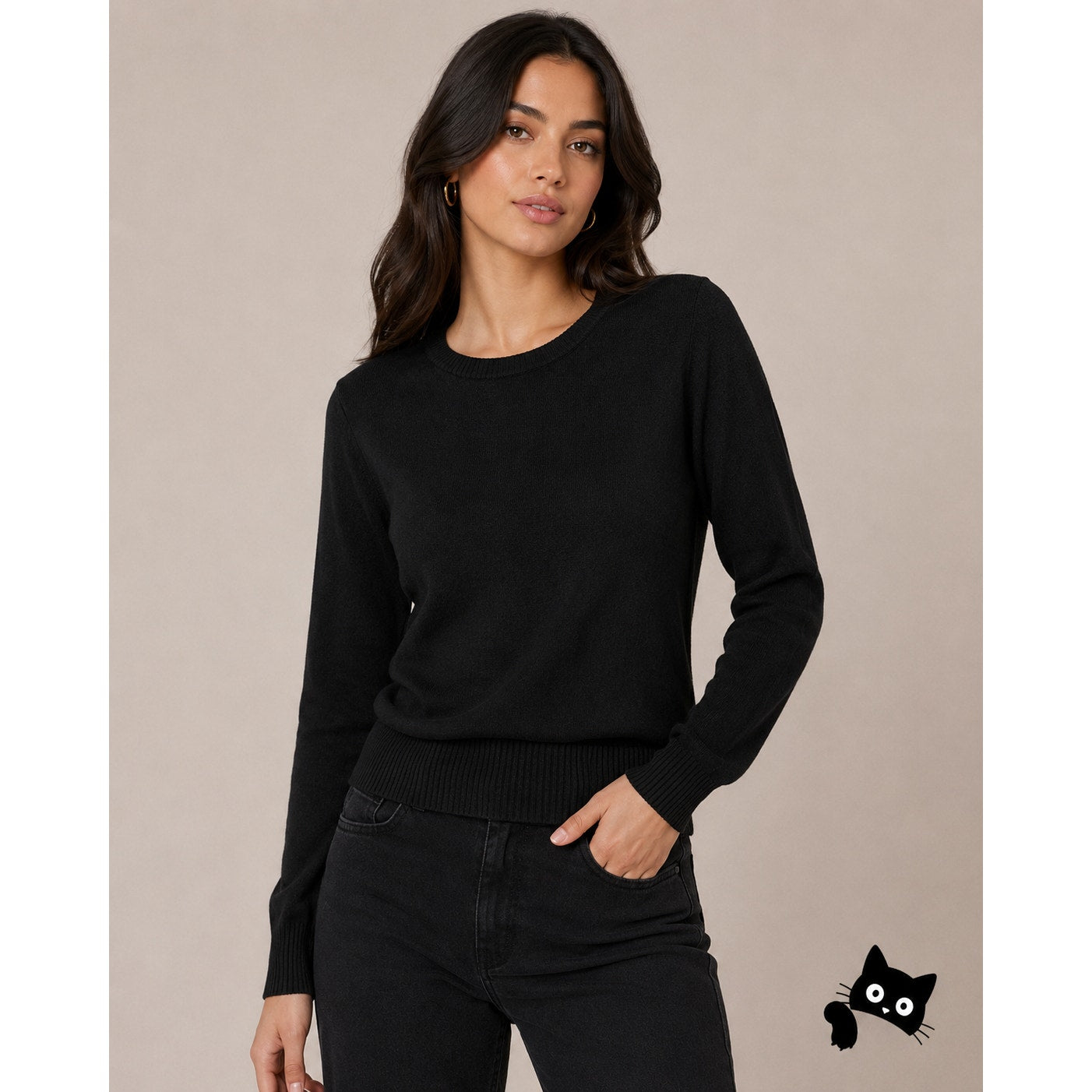 Debbie Morgan Solid Black Round Neck Long Sleeve Banded Waist Sweater L