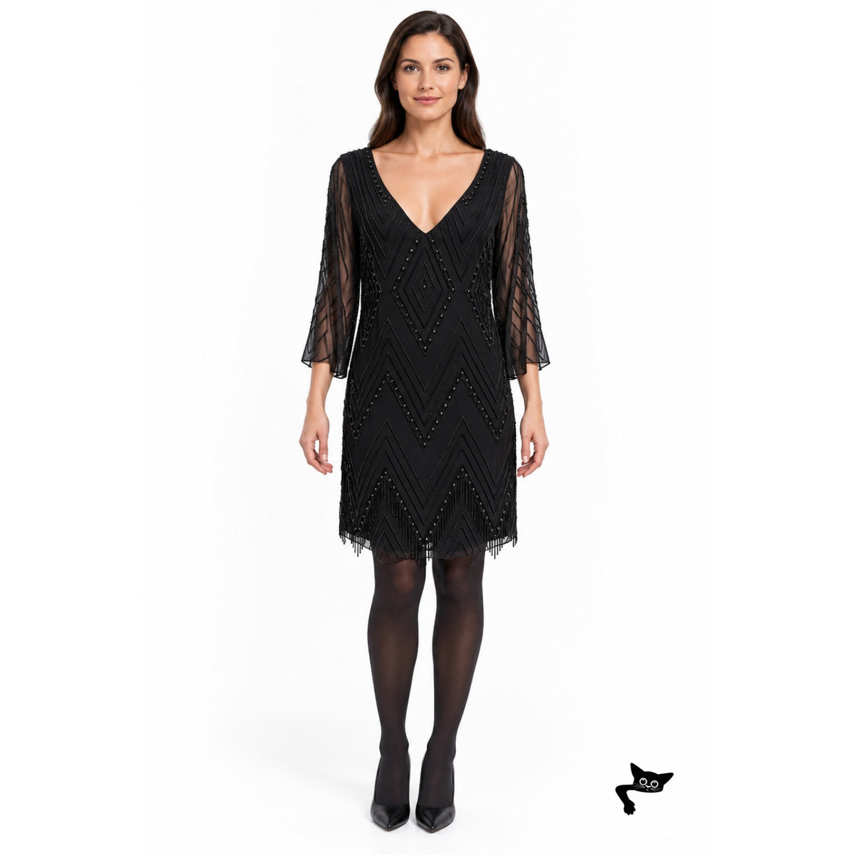 Alice + Olivia Black Beaded V Neck Mini Dress Women US 4