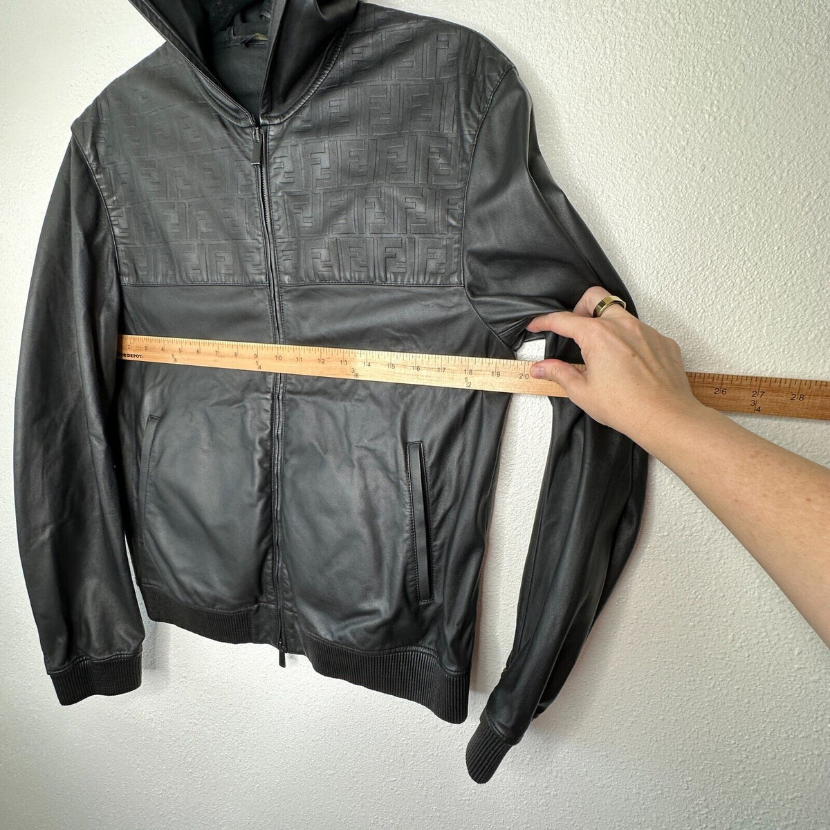 Fendi Black Soft Leather Fendi Embossed Monogram Front Long Sleeve Hooded Jacket