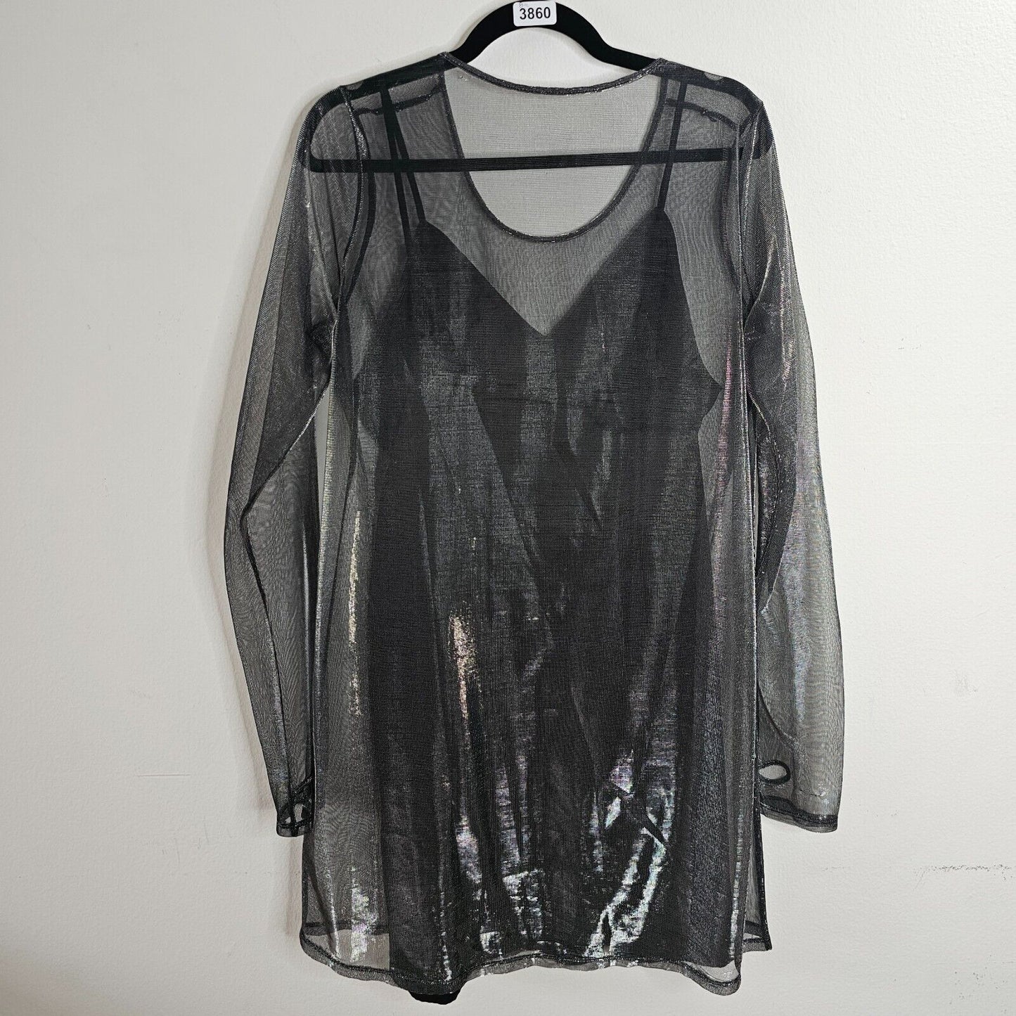 The Kooples Smokey Silver Metallic Sheer Round Neck Over Dress Black Slip Large