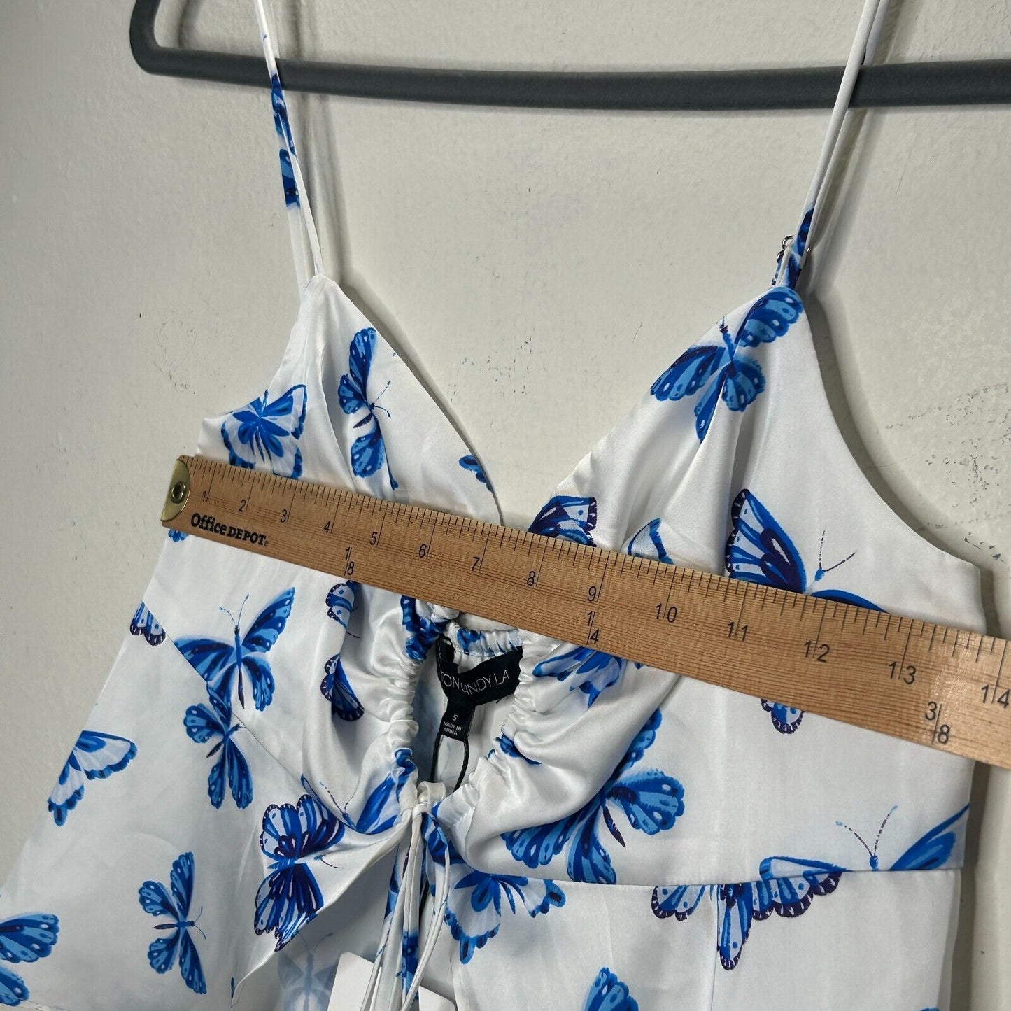 NWT Satin White & Blue Butterfly Print 2-Piece Set Crop Top & Mini Skirt