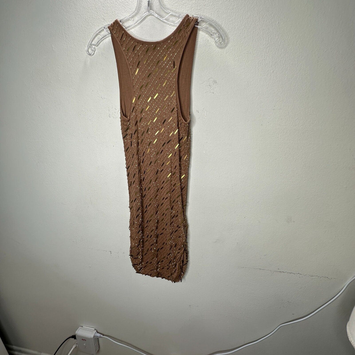 Haute Hippie Chocolate Brown Tank Mini Dress Side Ruche Gold & Beaded Adornment