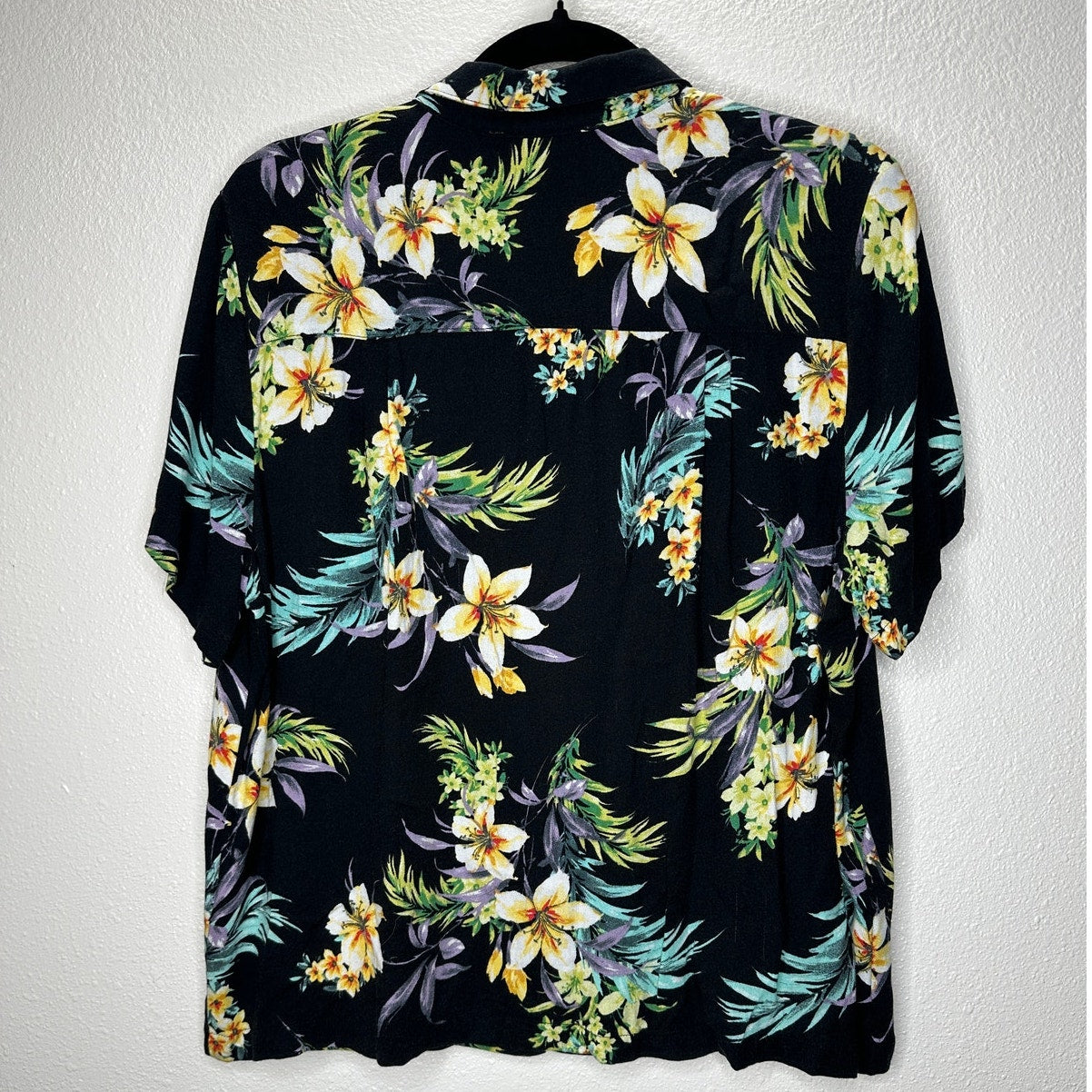 Lovestitch Black Teal Yellow Multi Color Short Sleeve Collared Button Hawaiian Shirt L