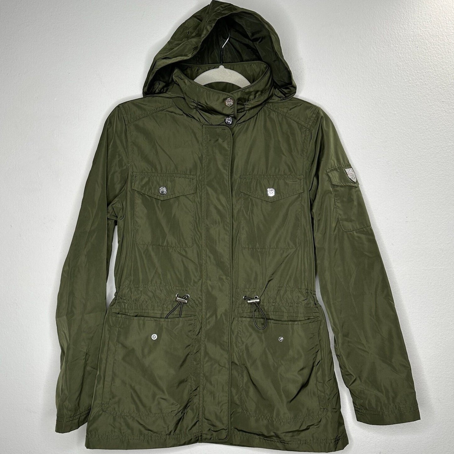 Vince Camuto Army Green Cinch Waist Zip Front Hooded Windbreaker Jacket Small
