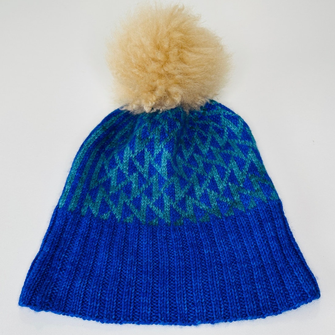 Blue Green Triangle Print Knit Beanie Tan Pom Pom OS