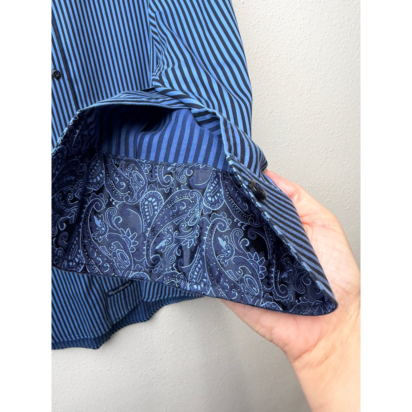 English Laundry Blue Black Stripe Button Front Shirt Mens L
