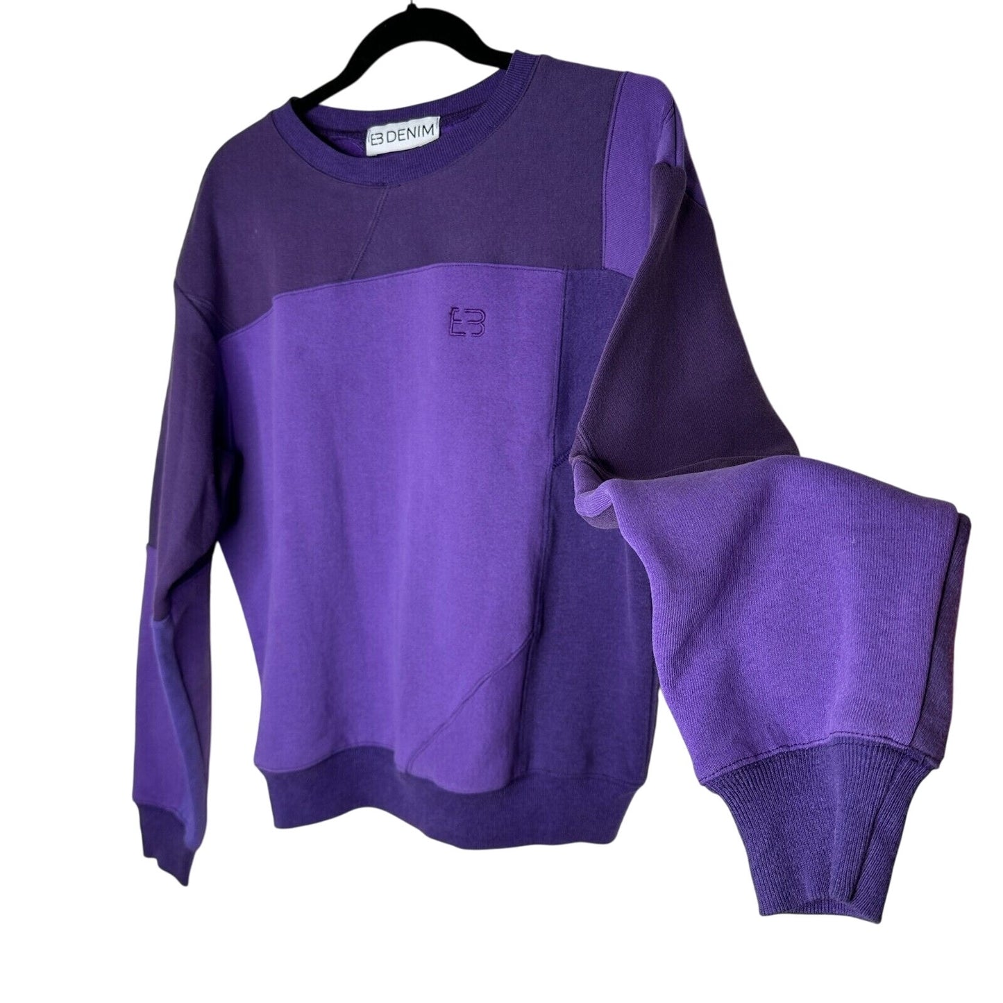 EB Denim Rich Purple Color Block Long Sleeve Crew Sweater Banded Wrist & Hem 1