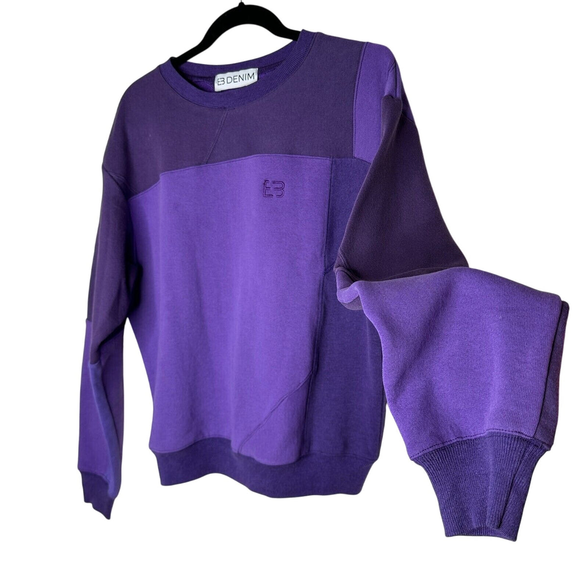 EB Denim Rich Purple Color Block Long Sleeve Crew Sweater Banded Wrist & Hem 1
