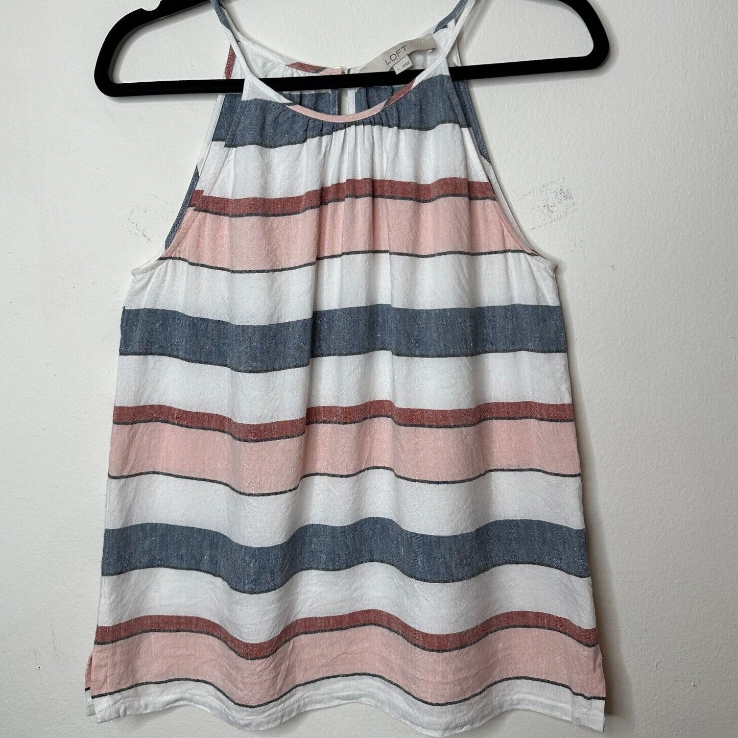 Loft Gray White Pink Stripe Linen Blend Halter Neck Sleeveless Blouse Keyhole SM