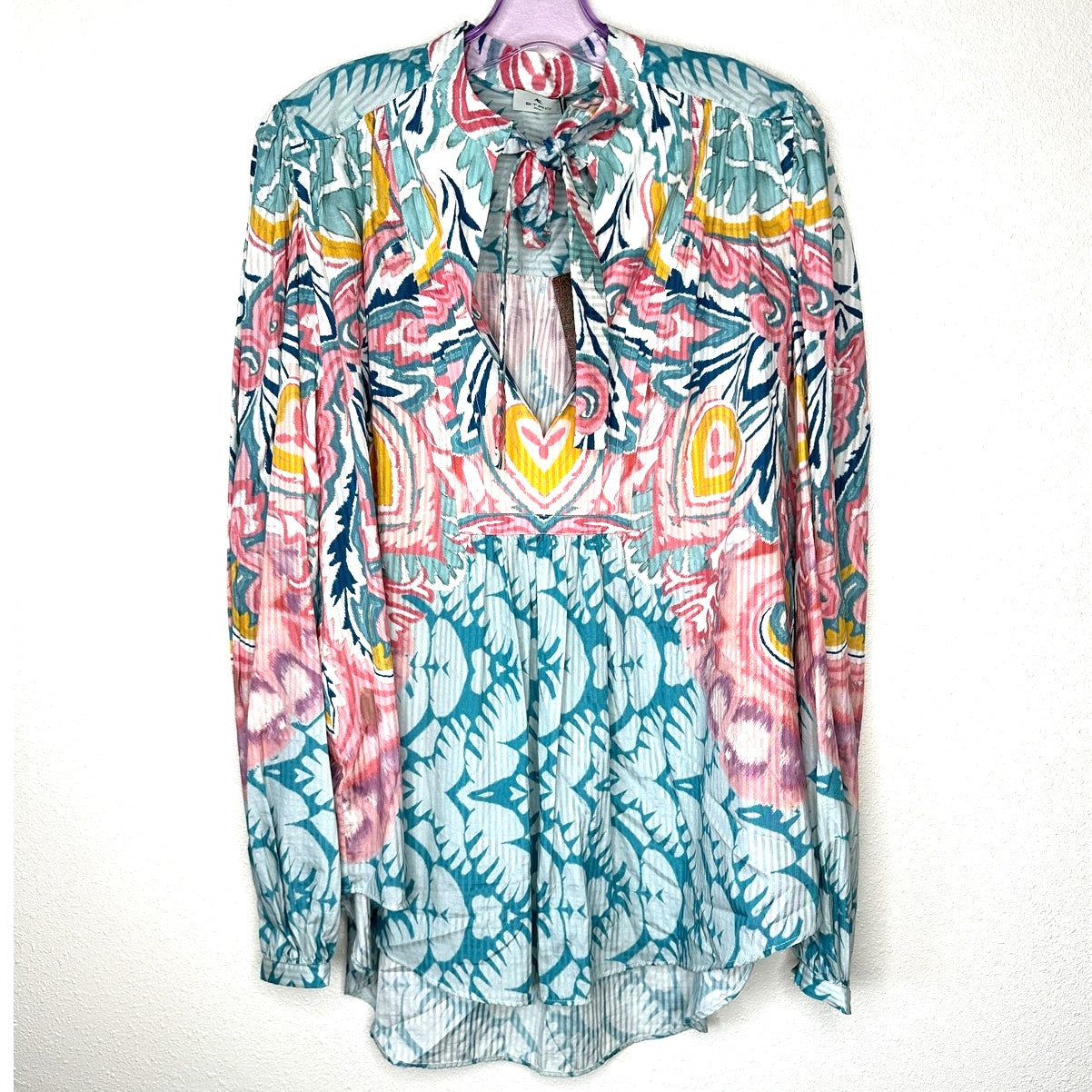 NWT Etro Teal Multicolor Paisley Georgette Long Sleeve Tie Neck Blouse 48 / XL