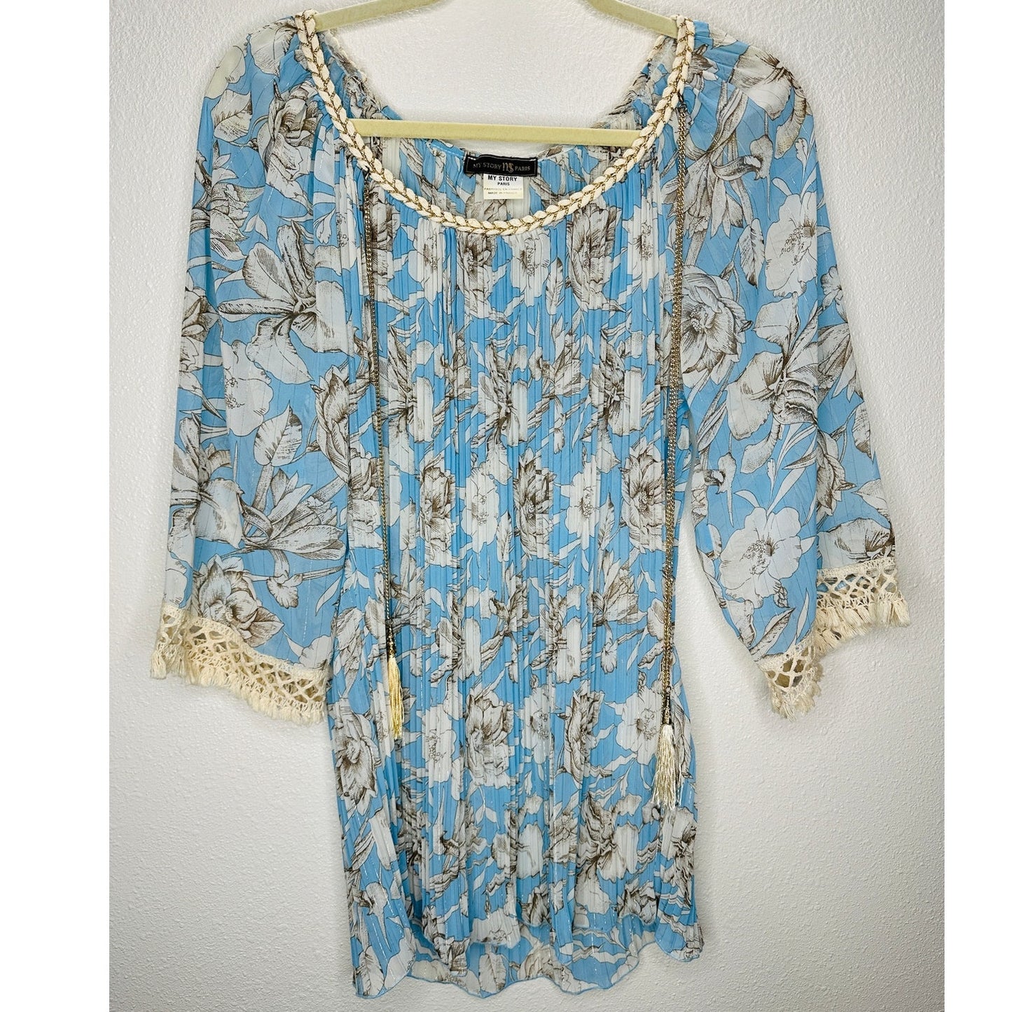 My Story Paris Cream & Blue Accordian Pleat 3/4 Sleeve Blouse S