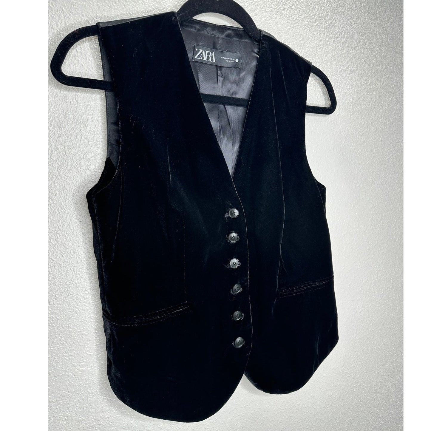 Zara Black Velour Tailored Button Front Vest  Front Flap Details XS