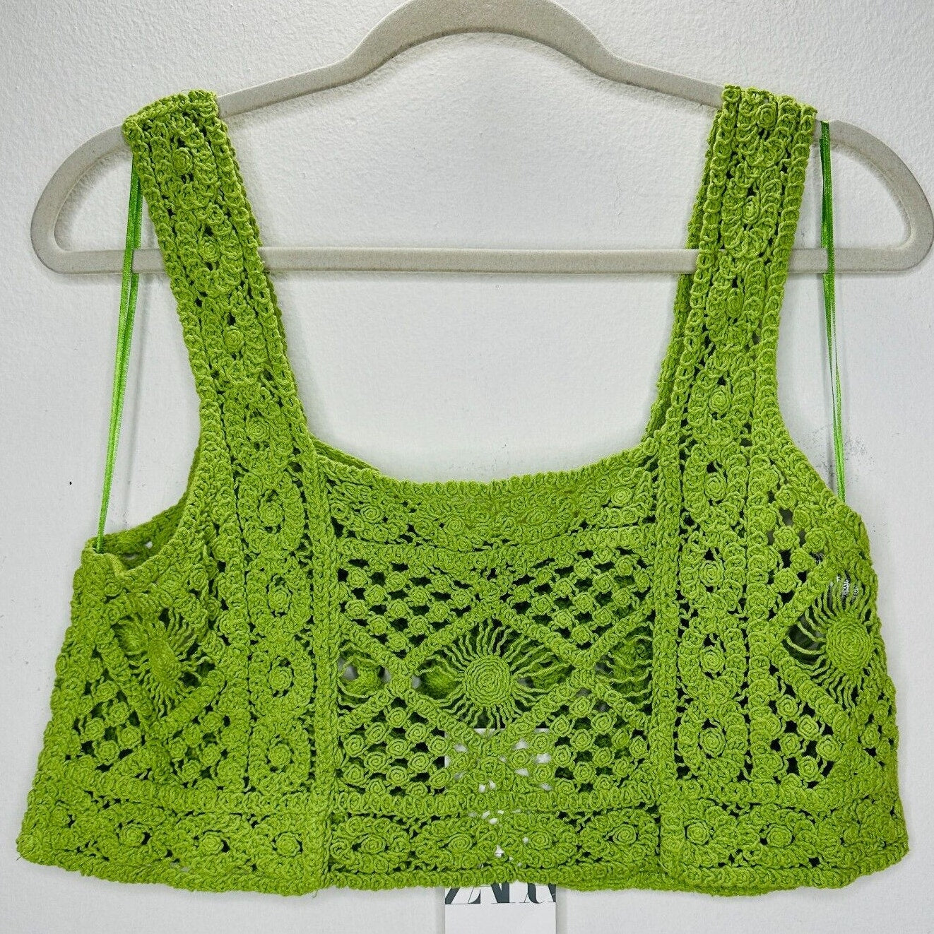 NWT Zara Cute Boho Lime Green Square Neck Boxy Crochet Crop Tank Top Small