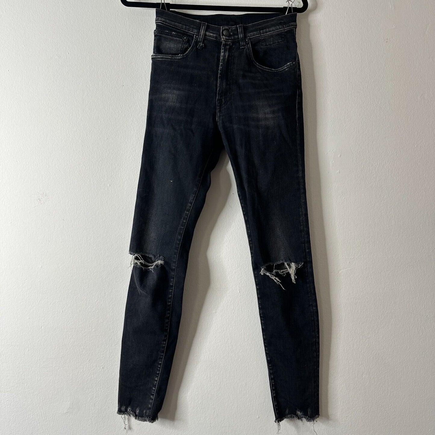 R13 High Rise Aiden Black Stone Wash Skinny Jeans Distressed Knees & Hem Size 26