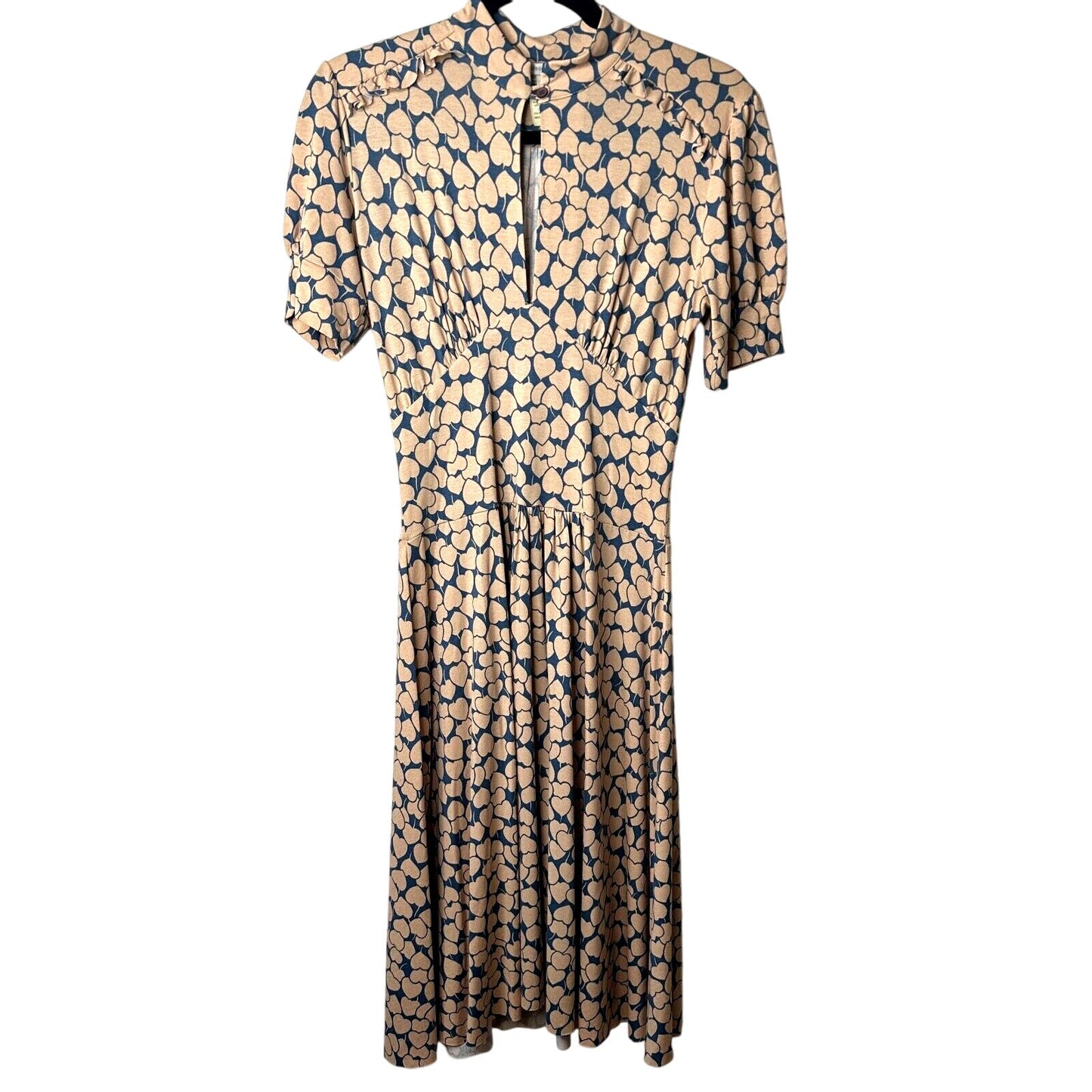 Maria Bonita Extra Blue & Tan Heart Keyhole Front Short Sleeve Mid Dress Med