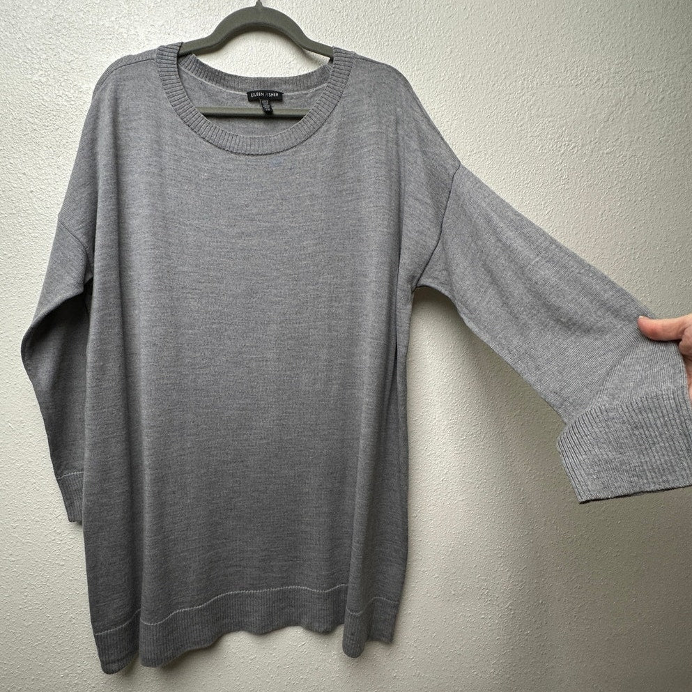 Eileen Fisher Gray Merino Wool Tunic Sweater Dress L