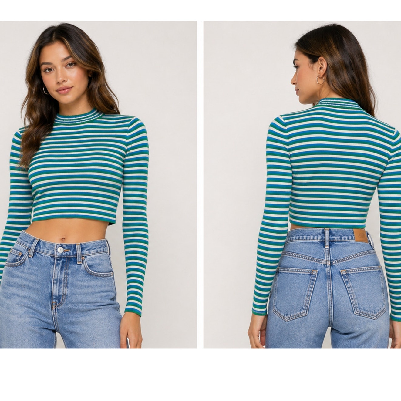 Silence + Noise Blue Green Striped Cropped Mock Long Sleeve Knit Top S